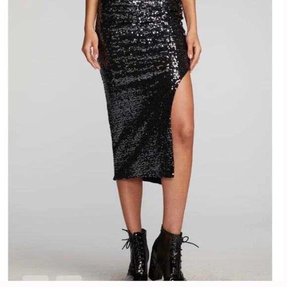 New Chaser sequin skirt midi stretch black side slit ruched Swiftie party goth - Picture 2 of 16